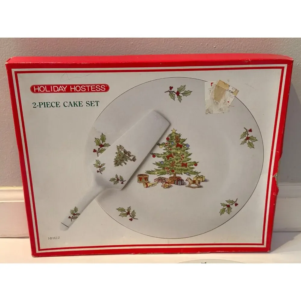 🎄 Holiday Hostess Christmas Tree 2 Piece Cake Plate Server Set Tianshan NOS Box